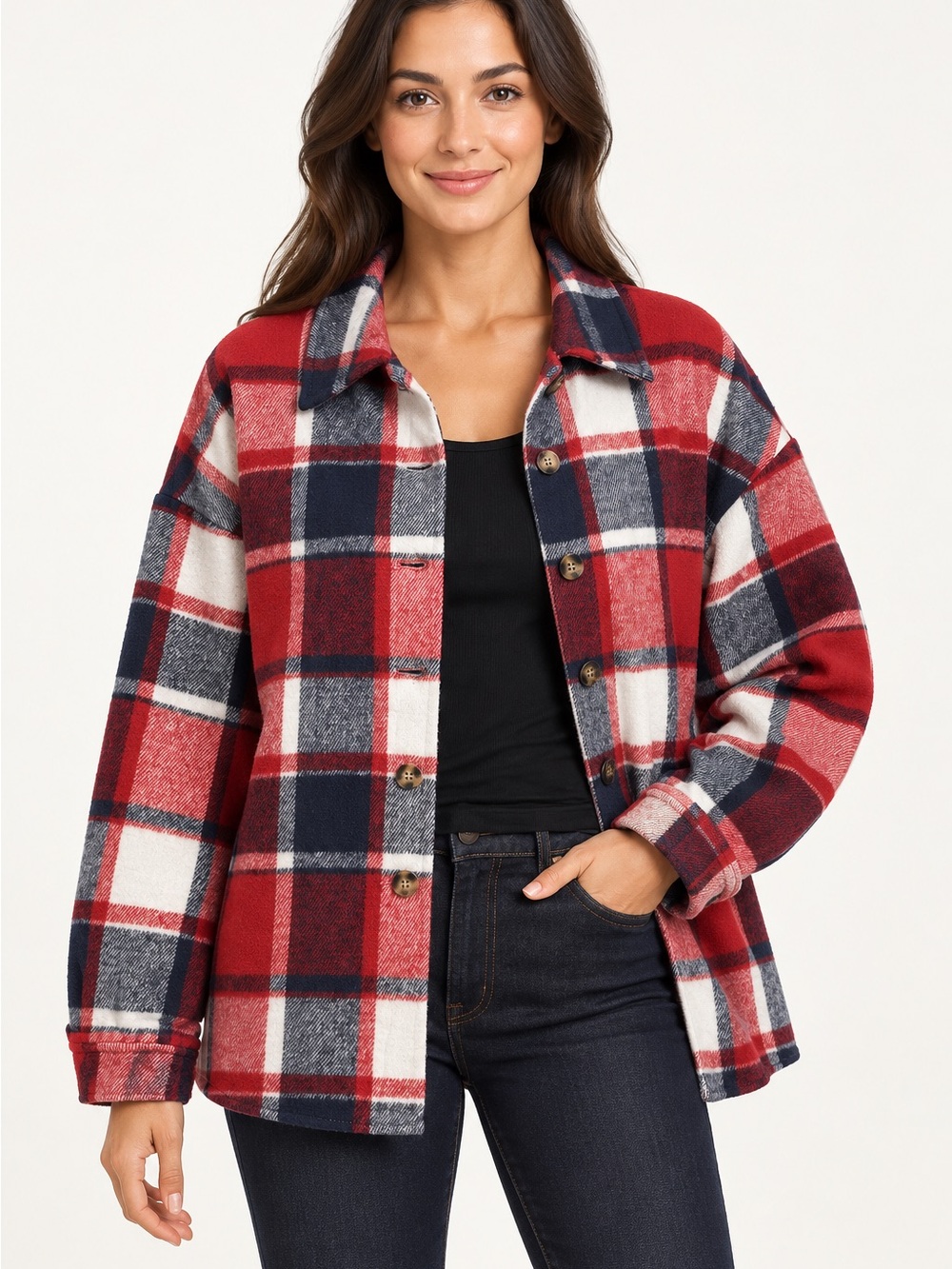 Women’s Red Plaid Button-Down Shacket